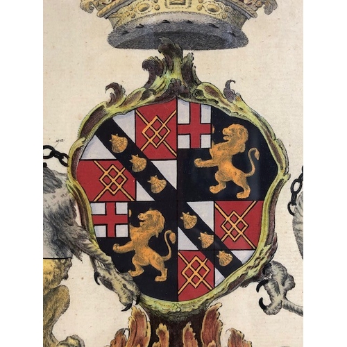 214 - Antique Heraldic pictures, pair of Joseph Edmondson Armorial prints with hand painted details to coa... 