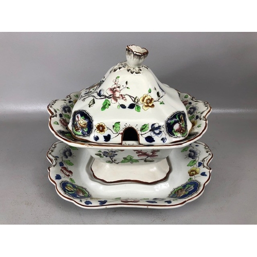 215 - Antique China, Corona Ware old Woodstock pattern soup terrine with cover and base saucer AF