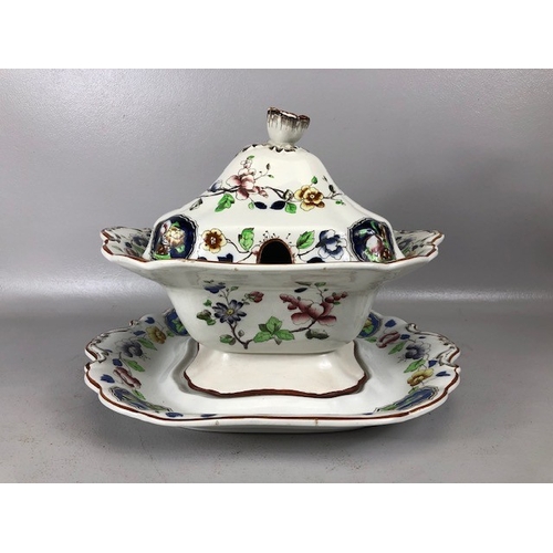 215 - Antique China, Corona Ware old Woodstock pattern soup terrine with cover and base saucer AF