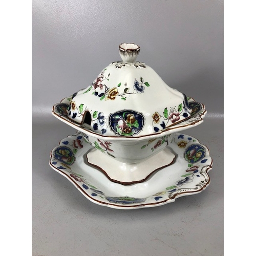 215 - Antique China, Corona Ware old Woodstock pattern soup terrine with cover and base saucer AF