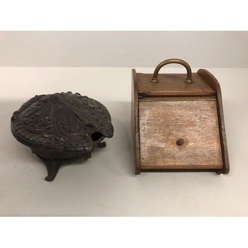 217 - Antique coal scuttles one box shaped of light oak with brass fittings, the other cast iron in a shel... 