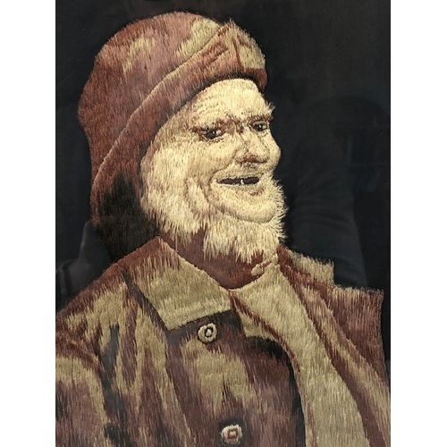 234 - Antique 19th century embroidered portrait of characterful fisherman, remounted in a modern frame, ap... 