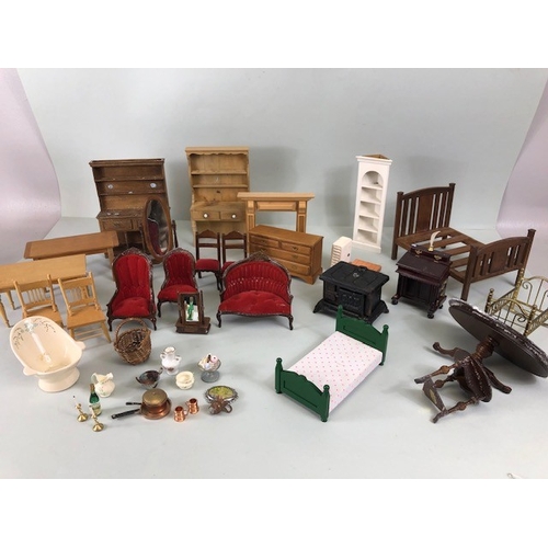 239 - Collection of vintage dolls house furniture and accessories, to include Table, bookcase, chairs, cri... 