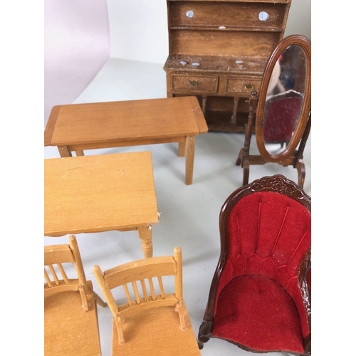 239 - Collection of vintage dolls house furniture and accessories, to include Table, bookcase, chairs, cri... 