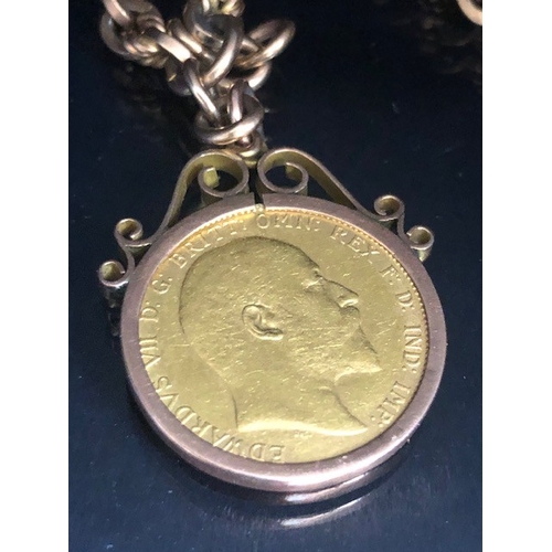 25 - Antique Jewellery, 1906 full sovereign with letter P (Perth) mint mark, in a 9ct mount, attached to ... 