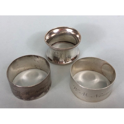 26 - Antique silver, collection of silver hall marked napkin rings,approximately 133g, 2 unmarked pin tra... 