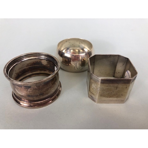 26 - Antique silver, collection of silver hall marked napkin rings,approximately 133g, 2 unmarked pin tra... 