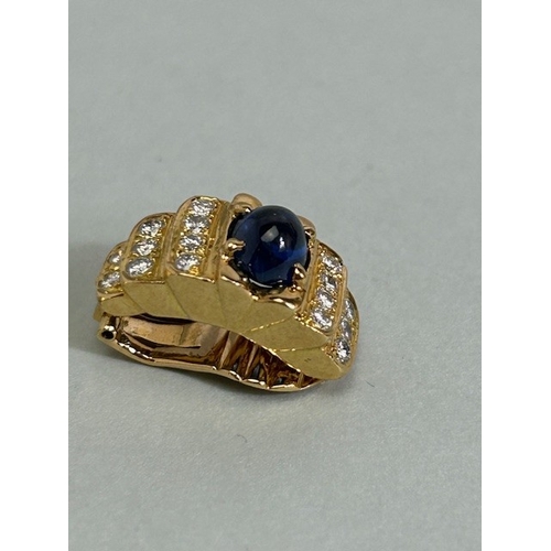 28A - Pair of 18ct Gold Art Deco style clip on earrings set with Cabochon cut Sapphires and each with five... 