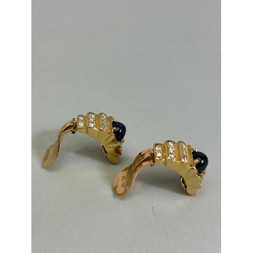 28A - Pair of 18ct Gold Art Deco style clip on earrings set with Cabochon cut Sapphires and each with five... 