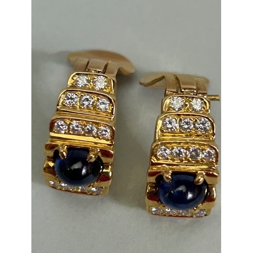 28A - Pair of 18ct Gold Art Deco style clip on earrings set with Cabochon cut Sapphires and each with five... 