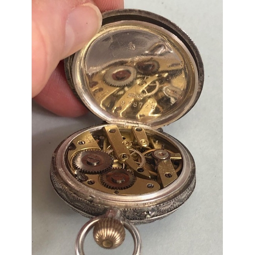 31 - Antique watches, two silver cased fob watches, the larger with roman numerals and flower design to d... 