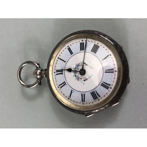 31 - Antique watches, two silver cased fob watches, the larger with roman numerals and flower design to d... 