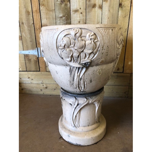 414 - Pair of Art Nouveau large garden planters on stands with raised decoration, each approx 76cm tall