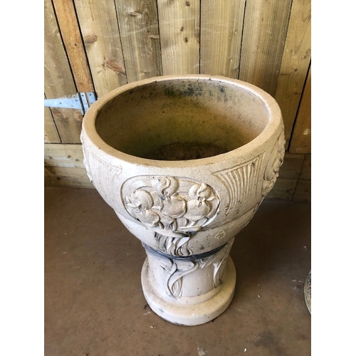 414 - Pair of Art Nouveau large garden planters on stands with raised decoration, each approx 76cm tall