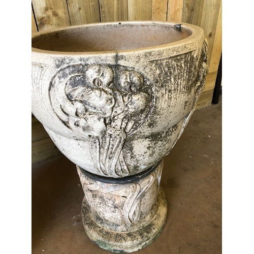 414 - Pair of Art Nouveau large garden planters on stands with raised decoration, each approx 76cm tall