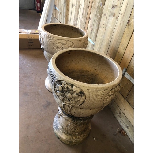 414 - Pair of Art Nouveau large garden planters on stands with raised decoration, each approx 76cm tall