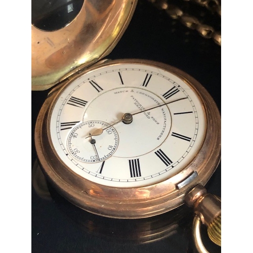 42 - Antique Half hunter gold pocket watch the case marked K9, white dial with Roman numerals and inset s... 