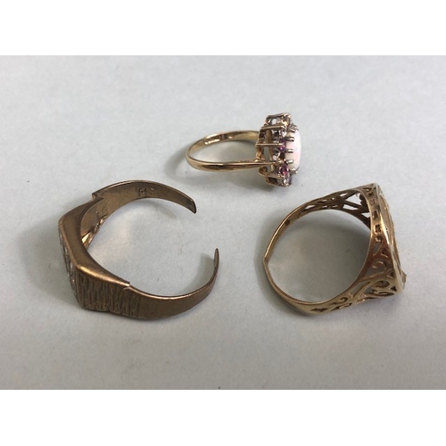 44 - 9ct gold marked scrap rings, two with some stones remaining, approximately 8.68g