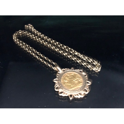 54 - Full sovereign dated 1903 in a 9ct pendant mount on a 9ct belcher chain, total weight 12.15g