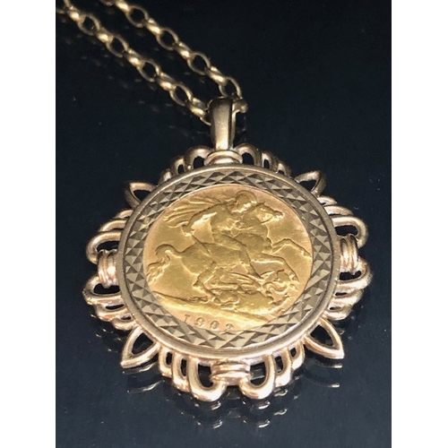 54 - Full sovereign dated 1903 in a 9ct pendant mount on a 9ct belcher chain, total weight 12.15g