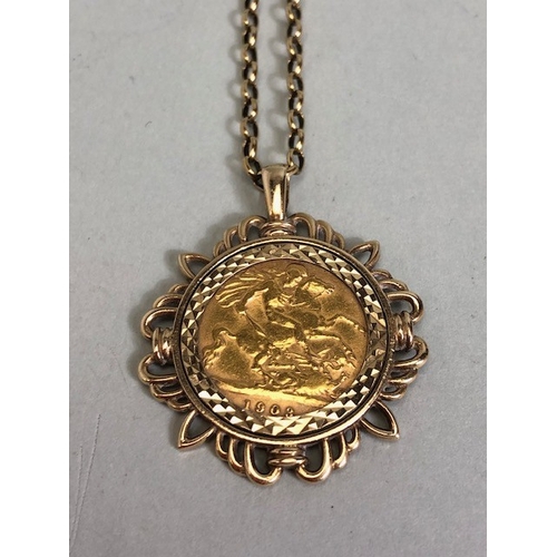 54 - Full sovereign dated 1903 in a 9ct pendant mount on a 9ct belcher chain, total weight 12.15g