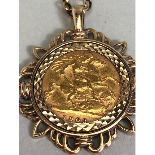 54 - Full sovereign dated 1903 in a 9ct pendant mount on a 9ct belcher chain, total weight 12.15g