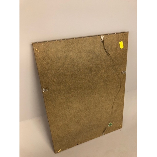 141 - Modern wall mirror of bevelled edged glass in faux walnut frame, approximately 84 x 62 cm