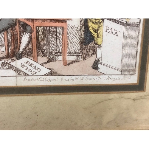 157 - Antique prints, three early 19th century satirical political prints, Buonaparte and his old friend, ... 
