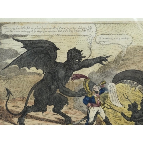 157 - Antique prints, three early 19th century satirical political prints, Buonaparte and his old friend, ... 