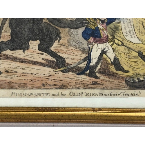 157 - Antique prints, three early 19th century satirical political prints, Buonaparte and his old friend, ... 