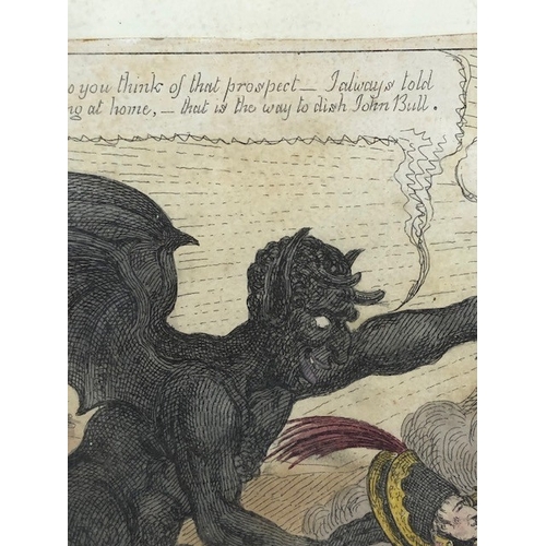 157 - Antique prints, three early 19th century satirical political prints, Buonaparte and his old friend, ... 