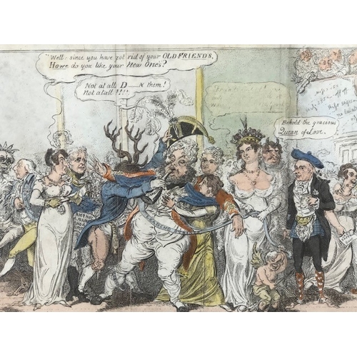 157 - Antique prints, three early 19th century satirical political prints, Buonaparte and his old friend, ... 