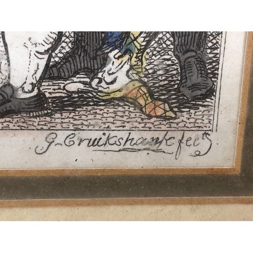 157 - Antique prints, three early 19th century satirical political prints, Buonaparte and his old friend, ... 
