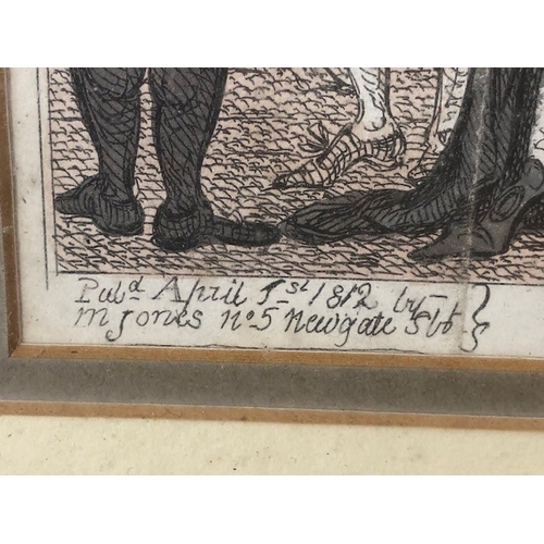 157 - Antique prints, three early 19th century satirical political prints, Buonaparte and his old friend, ... 