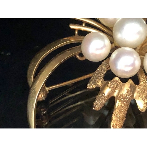 17 - 14ct Gold and pearl floral spray brooch with ten raised pearls and texture to some gold petals appro... 