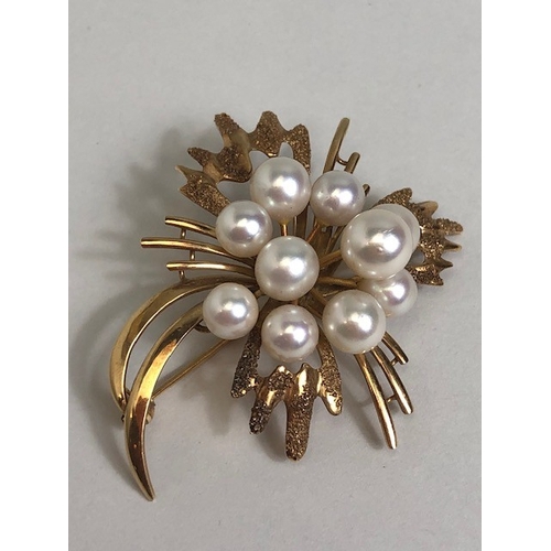 17 - 14ct Gold and pearl floral spray brooch with ten raised pearls and texture to some gold petals appro... 