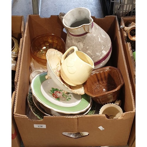 176 - A box of ceramics including a stone ware mould. No in house shipping, please organise collection or ... 