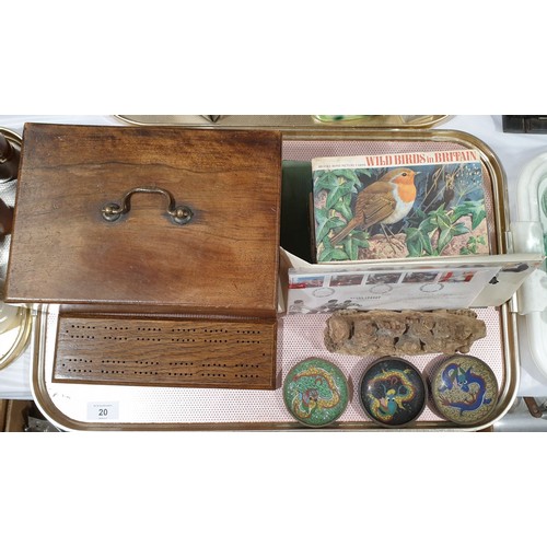 20 - An antique box, a soapstone carving and assorted.