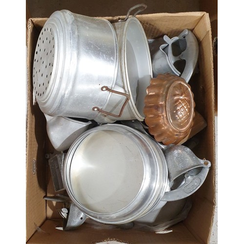 28 - A box of vintage kitchen ware including a copper jelly mould. No in house shipping. Please arrange c... 