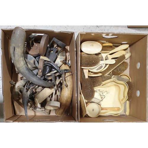 47 - Two boxes including dressing table items and horn ornaments. No in house shipping. Please arrange co... 