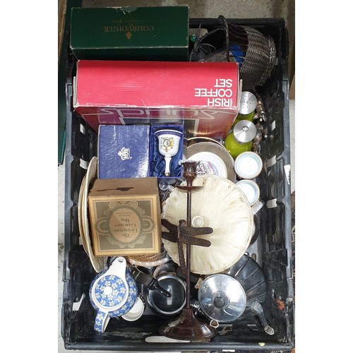 56 - A box including a Courvoisier decanter. No in house shipping. Please arrange collection or a shipper... 