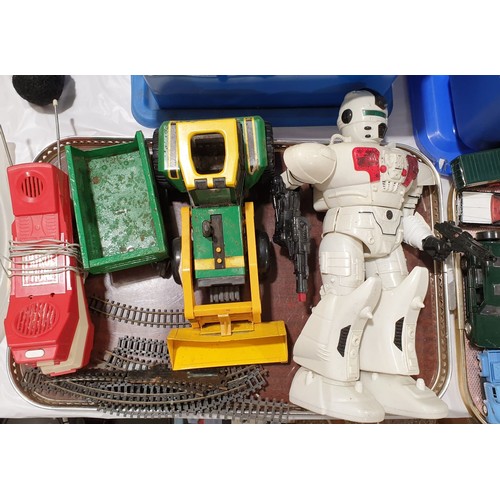 60 - Vintage toys including a tractor and trailer, robot and walkie talkies.