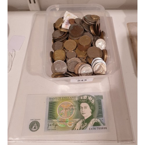 243 - Foreign coins and a £1 note.