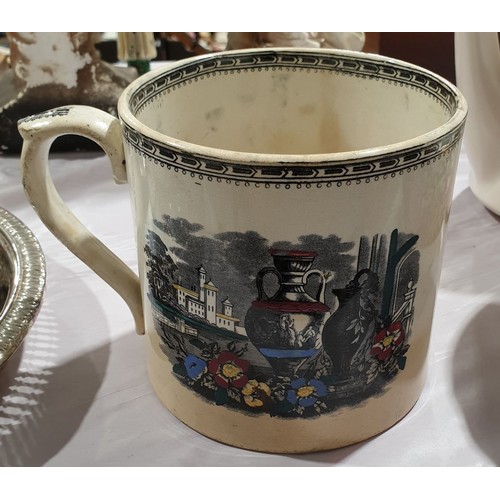 6 - A 19th century Opaque China large mug, hand coloured with oriental scenes, height 4.5