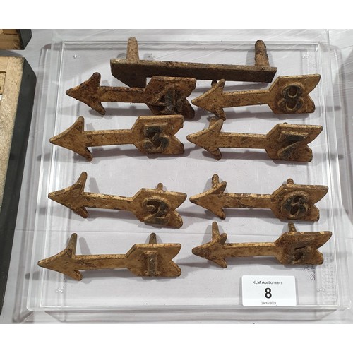 8 - Eight vintage cast iron numbers arrows, length 3.75