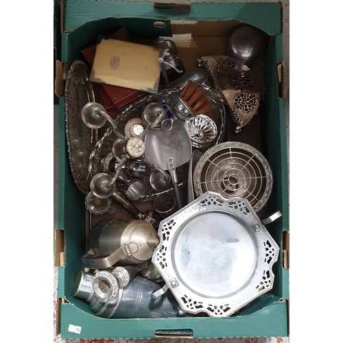 18 - A box of metal ware including a cocktail shaker.