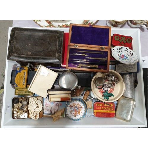 19 - A tray of assorted including vintage tins, cheroot holder and a draughtsman’s set.