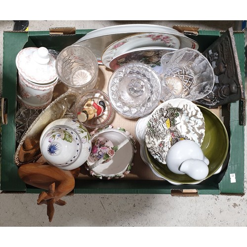 48 - A box of glass and china including a crystal water jug.  No in house shipping. Please arrange your o... 