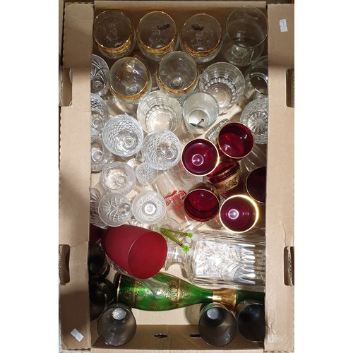 56 - A box including cranberry and gilt goblets. No in house shipping. Please arrange your own collection... 