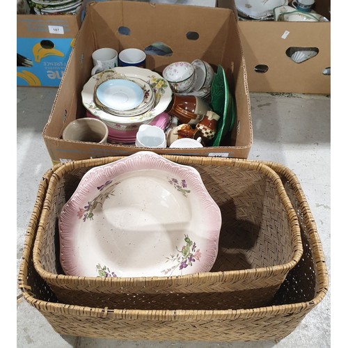 186 - A box of ceramics and two baskets. No shipping. Arrange collection or your own packer and shipper pl... 